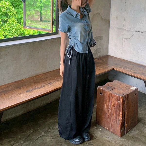 오티 셔링 반팔 데님 셔츠