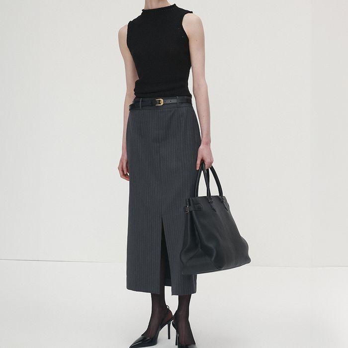 STRIPED WOOL PENCIL SKIRT_ GREY PINSTRIPE