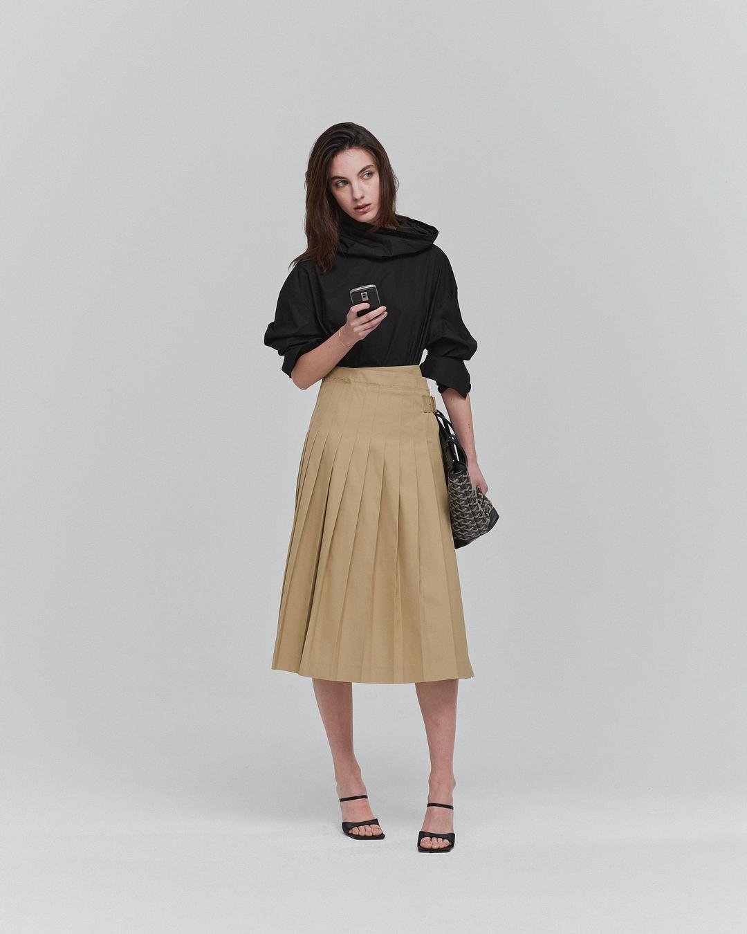 PLEATED WRAP MIDI SKIRT_BEIGE