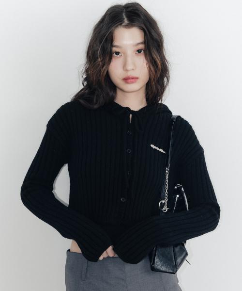 리본 골지 후드 니트 가디건_블랙