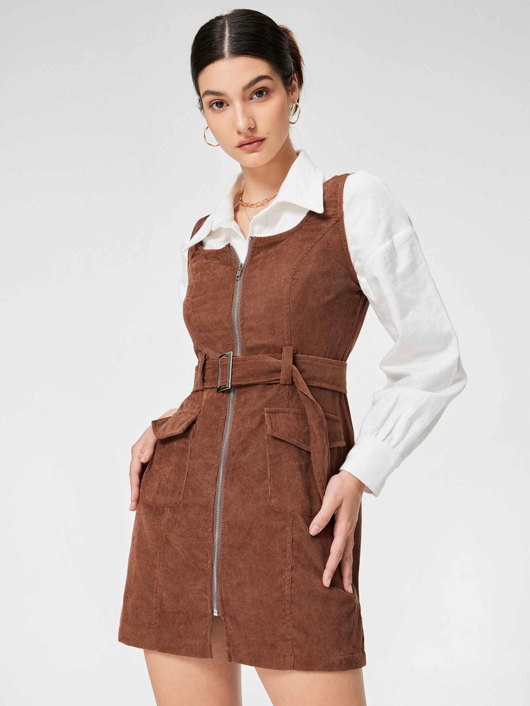 Corduroy Zip Up Mini Dress With Belt