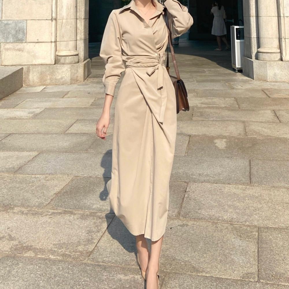 클래식 가을 셔츠 카라 허리끈 꼬임 랩 롱 원피스 베이지 블랙