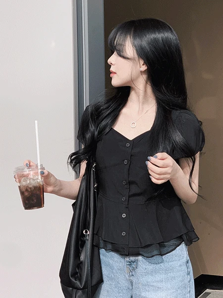 [고급미🪄/하객룩] 에토 프릴 퍼프 블라우스 - 2C