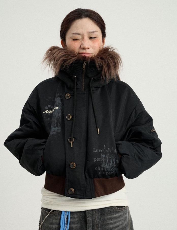 Achihara 퍼 후드 헤이즐넛 코튼 숏 자켓 (3color)