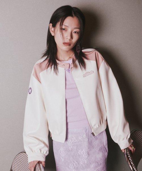 CROP FAUX LEATHER RACING JACKET_PINK