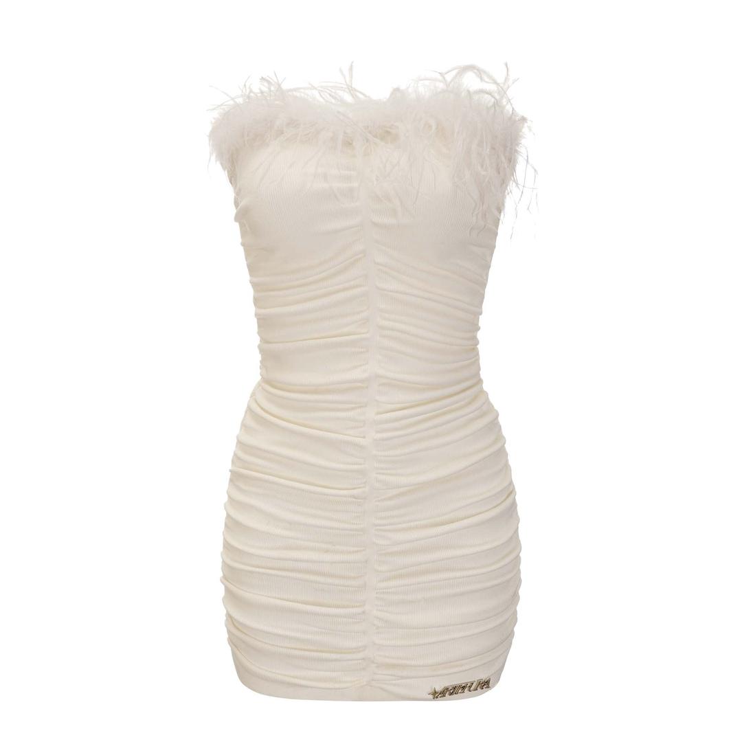 White Feather Pleated Skinny Sheath Dress - S