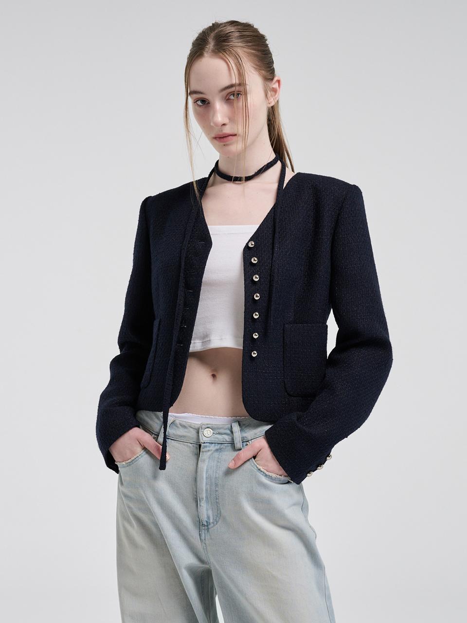 [4/8 예약배송] V-Neck Strap Tweed Jacket, Dark Navy