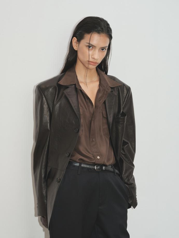 (W) VEGETABLE TANNED LAMB LEATHER TAILORED JACKET_ BLACK