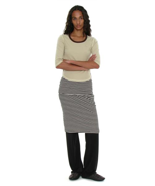 PWC 폴딩 웨이스트 저지 미디 스커트_블랙 스트라이프