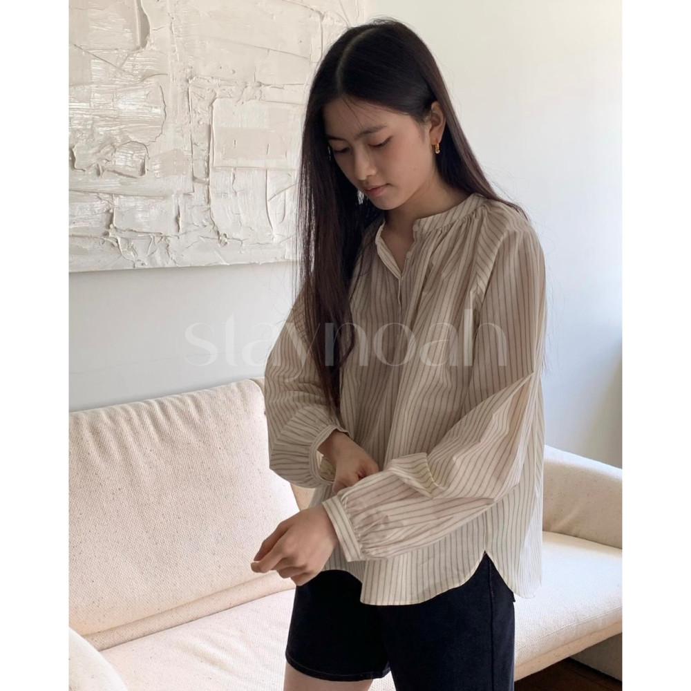 jinsim 진심 셔벗 블라우스 스트라이프 셔링 노카라 bl (2c)