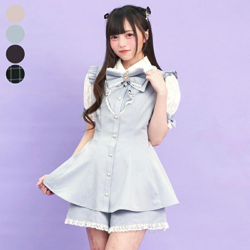 【楽天市場】レース袖ラッフル半袖セットアップ4/19 12:00 販売スタートsecrethoney　シークレットハニー　シーハニ　量産型　レディース　ガーリー　無地　チェック　ピンク　ブルー　黒　ブラック：Secret Honey