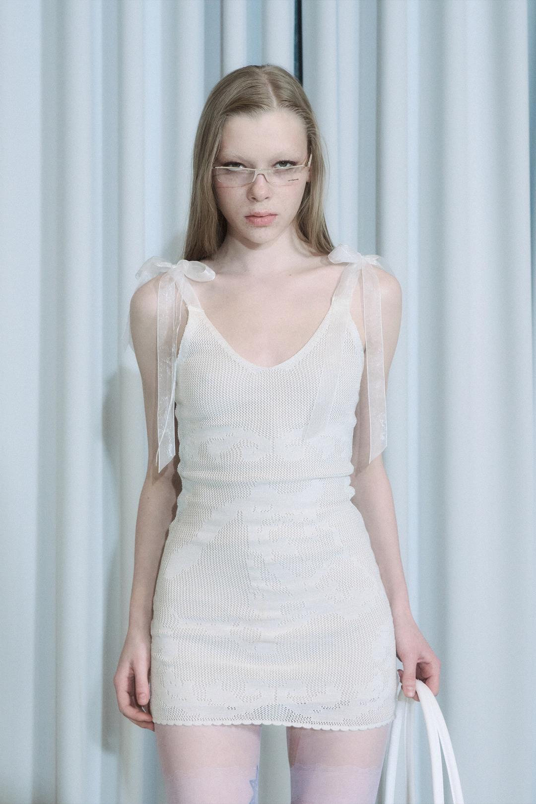 Silhouette Crochet Mini Dress Metallic White