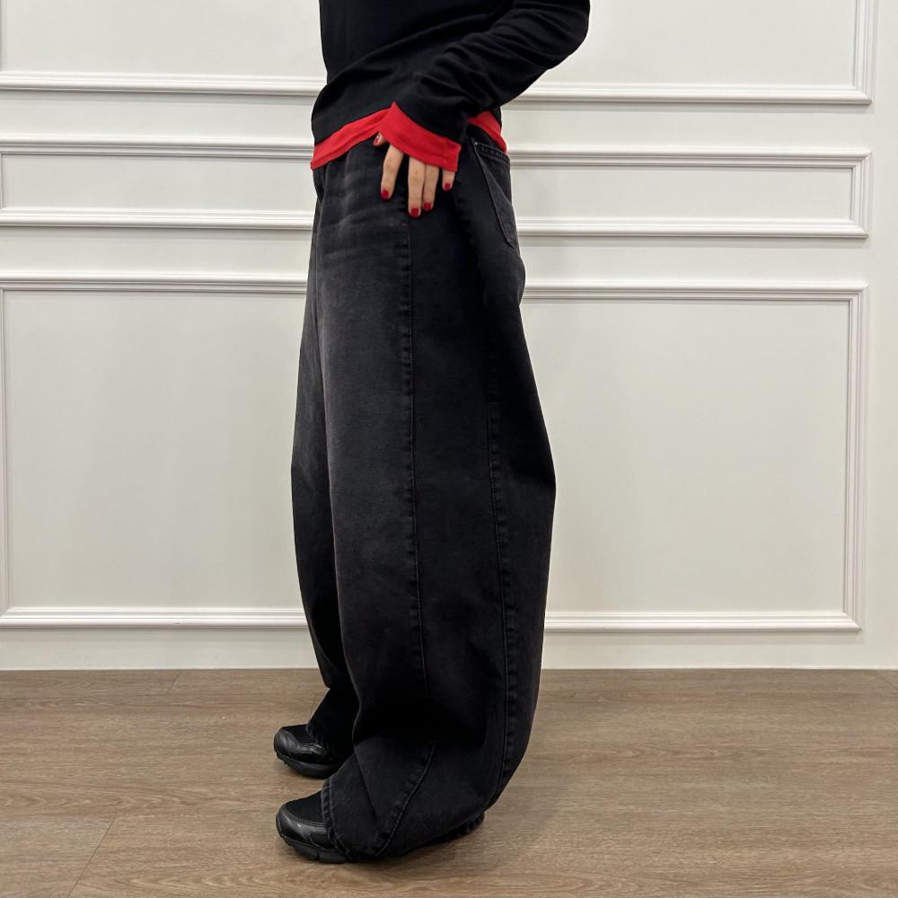 블랙 워싱 맞주름 와이드 데님 팬츠