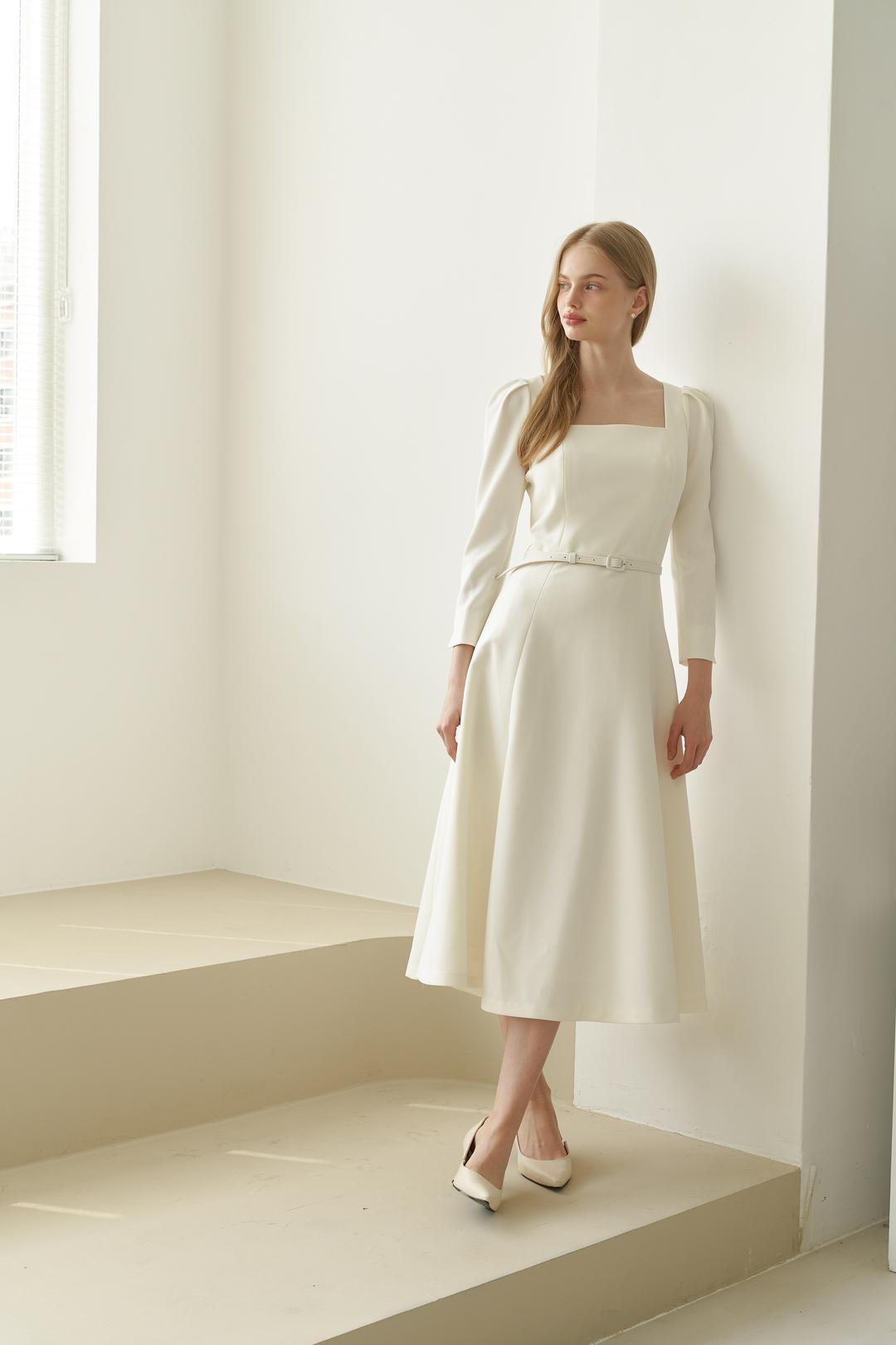 Square-neck Flare Dress(LL) / Ivory(3color)