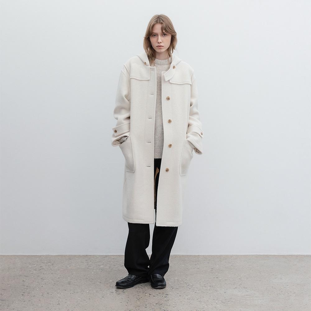 WOOL ALPACA BOUCLE HOODED COAT (IVORY)