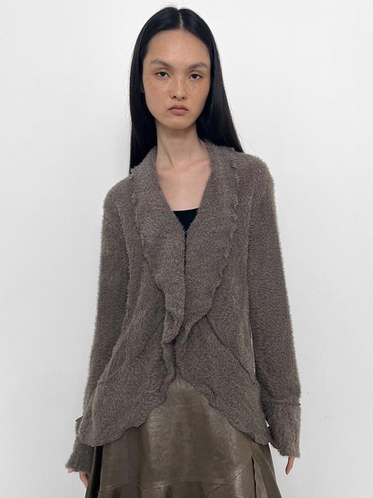 FUZZY RUFFLED CARDIGAN, TAUPE