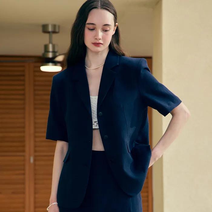Linen Half Sleeve Jacket - Navy