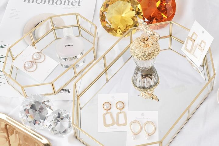 팔각 골드 미러 트레이 인테리어 화장품 보관함 엔틱 소품 정리대 수납 선반