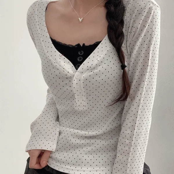 [말랏핏/-3kg]땡땡이 도트 브이넥 헨리넥 긴팔 티셔츠2color -메종스튜디오