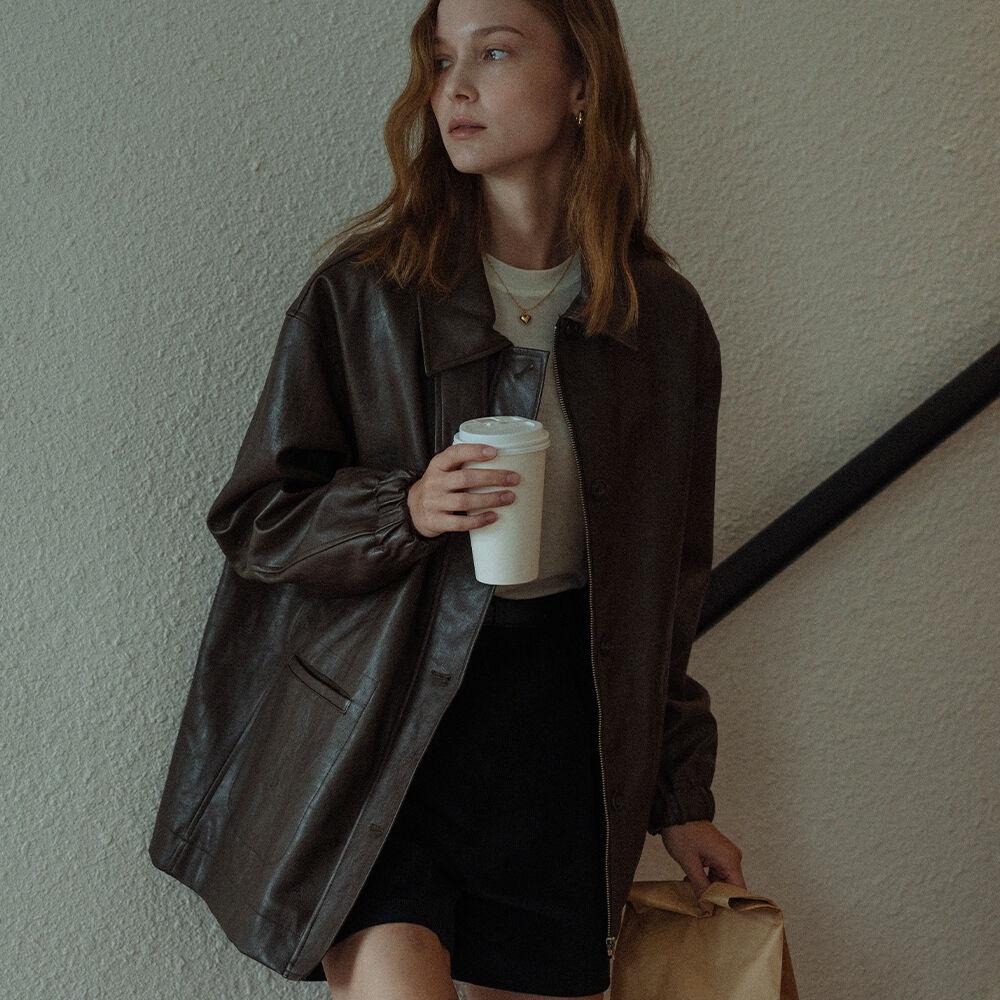 Eco leather bizo collar over jacket_Brown