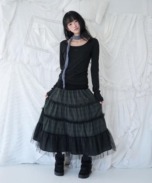 FOLDED CHECK FRILL MESH SK KHAKI