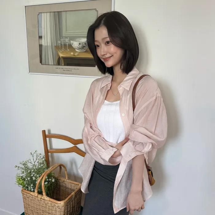 텐셀 시스루 루즈핏 셔츠 라이트핑크 MDSH019LPINK