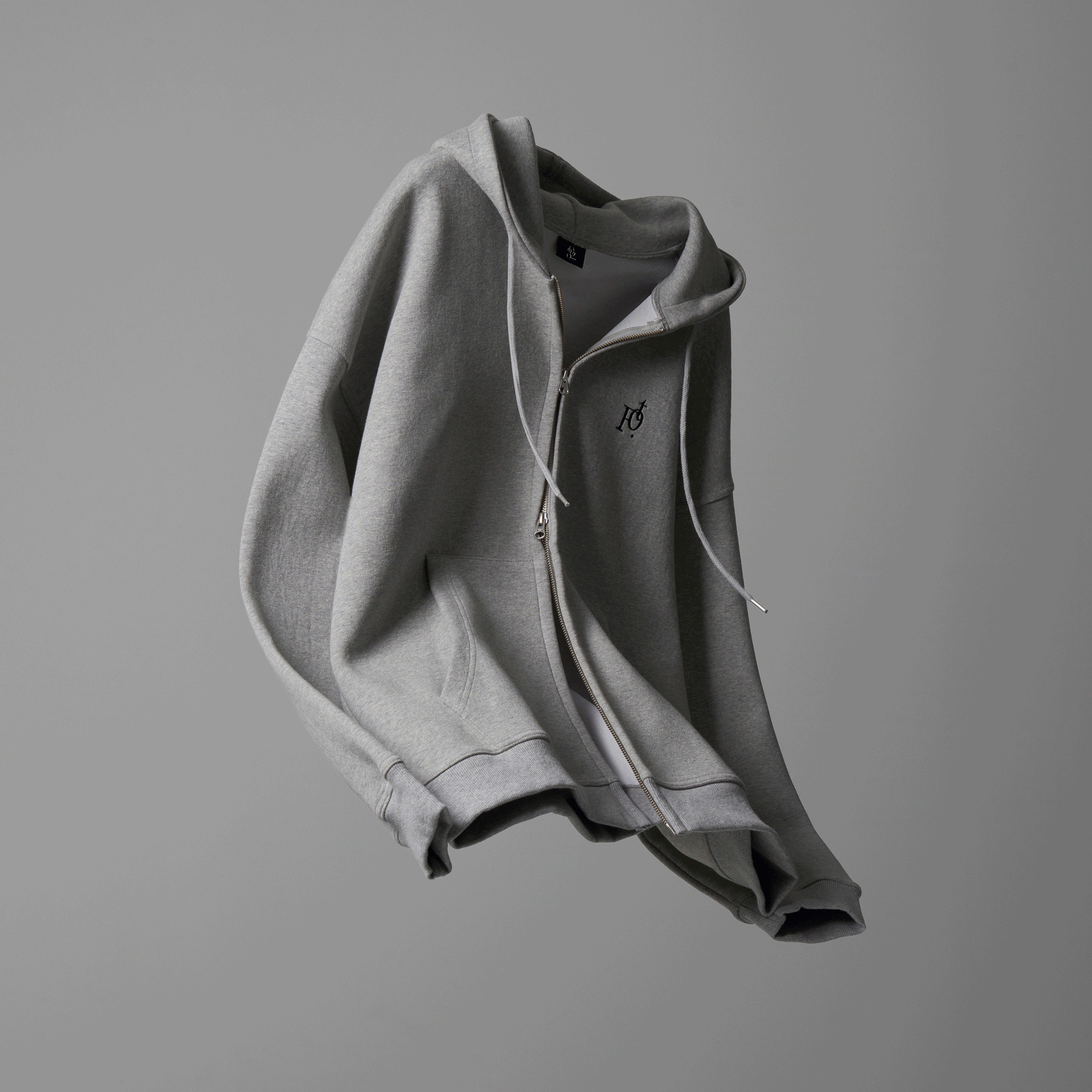 [자체제작] 토프 좌우반전 로고 자수 코튼 이중지 후드집업 [그레이]