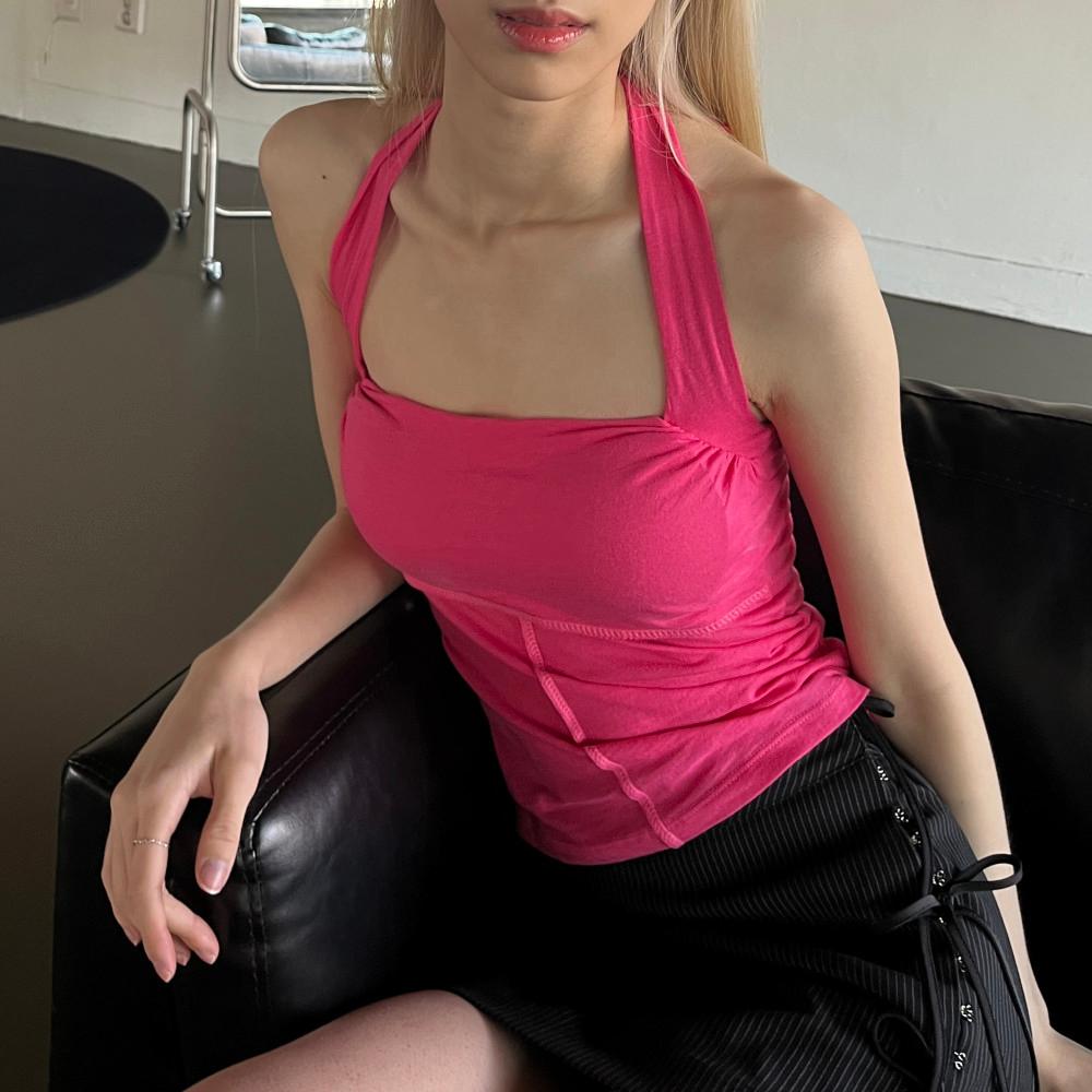 홀터넥 스판 탱크탑_핑크