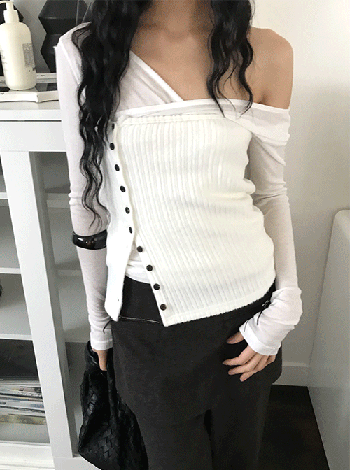 느웬 [아이 당일출고!] 에버 단추 탑 (3colors) (골지탑/레이어드나시/오프숄더/레이어드룩/레이어드나시)