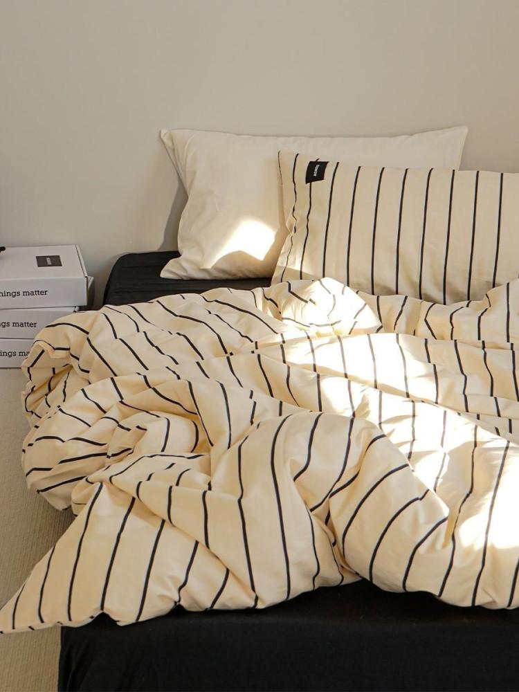 수심 옐로우 스트라이프 이불 베개 세트 커버 침구 40수 순면 호텔 침실 싱글 심플 모던