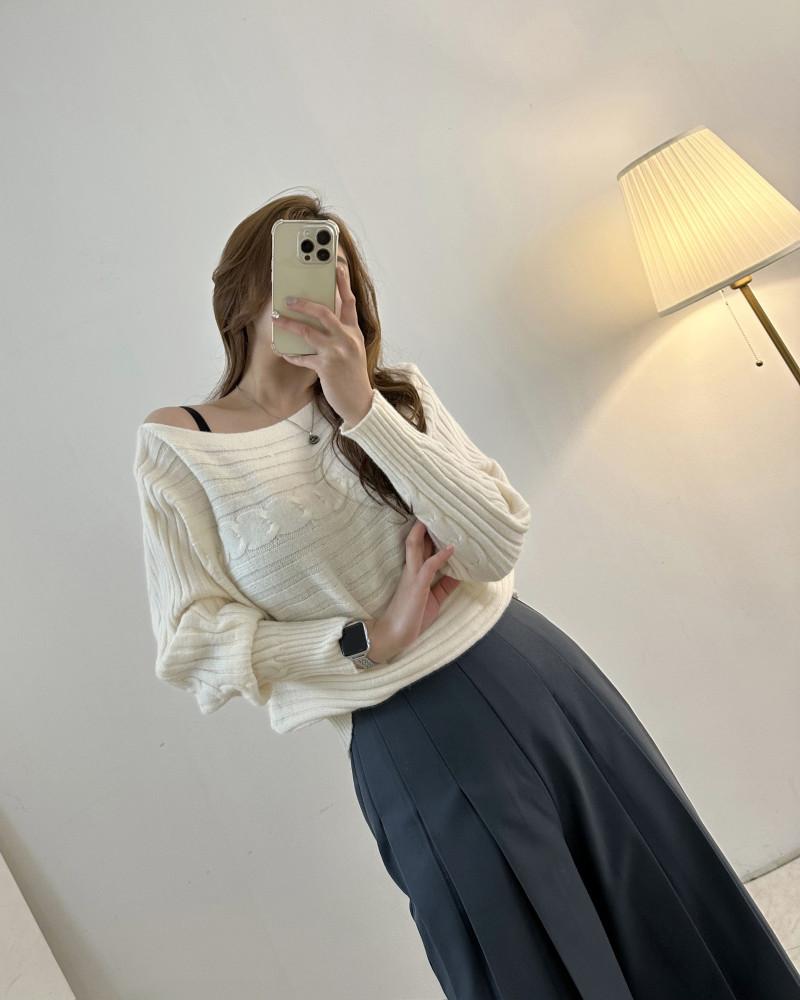 로제 가오리 오프숄더 골지 긴팔 니트 하객룩 데이트룩 2col