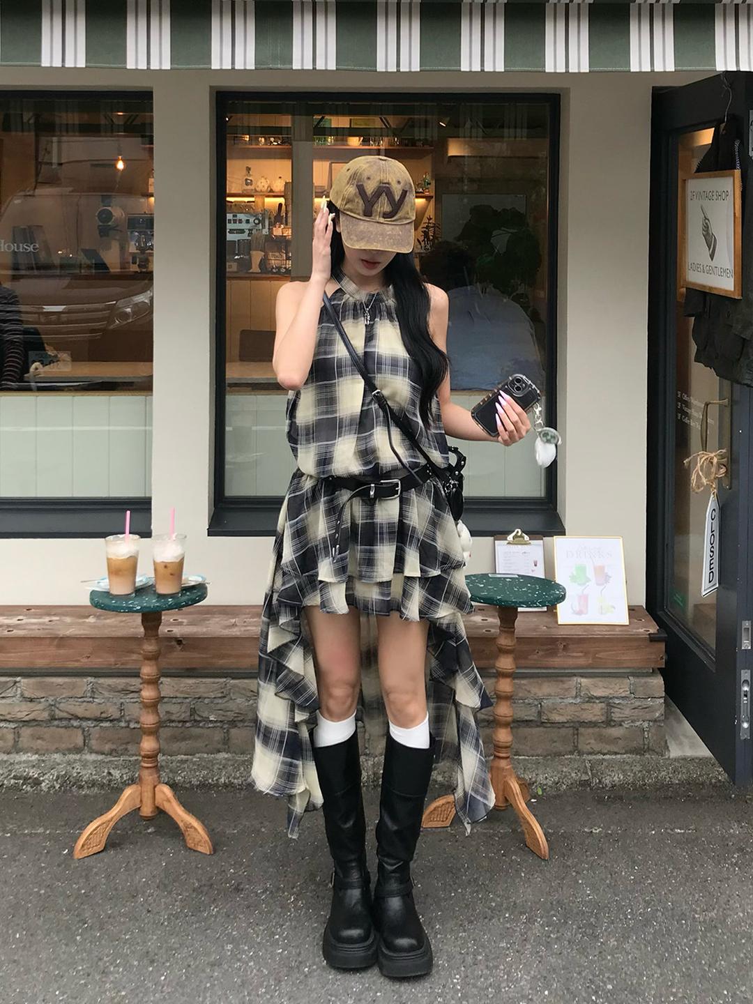 ホルターチェックテールカットワンピース