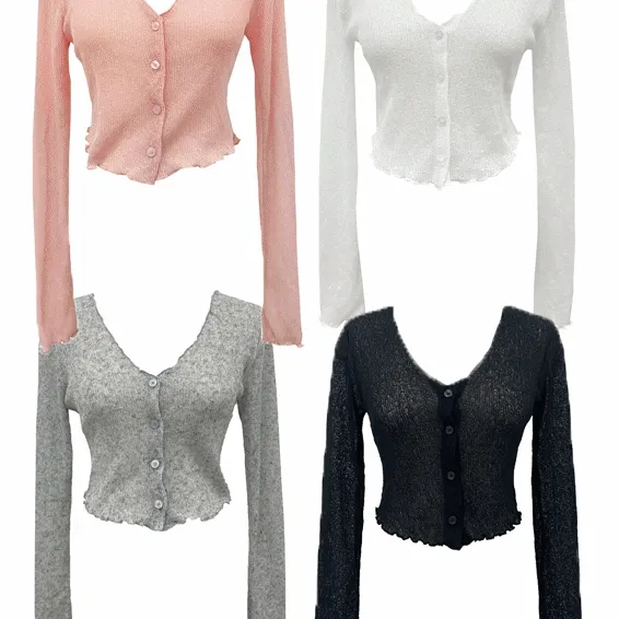 [여리여리 시스루💗 *자체제작/후기폭주!* 브이넥 물결 마감 단추 크롭 숏 긴팔 봄 여름 시스루 니트 가디건 (핑크/화이트/그레이/블랙)