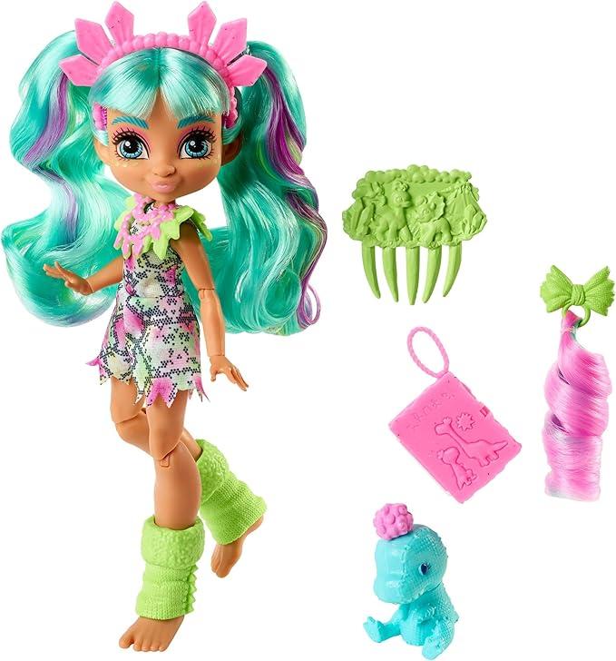 Cave Club Rockelle Doll 25.4cm(10인치), 청록색 머리 포즈를 취할 수 있는 선사 시대 패션 인형, 공룡 애완동물 및 액세서리, 만 4세 이상 선물 [아마존 독점]