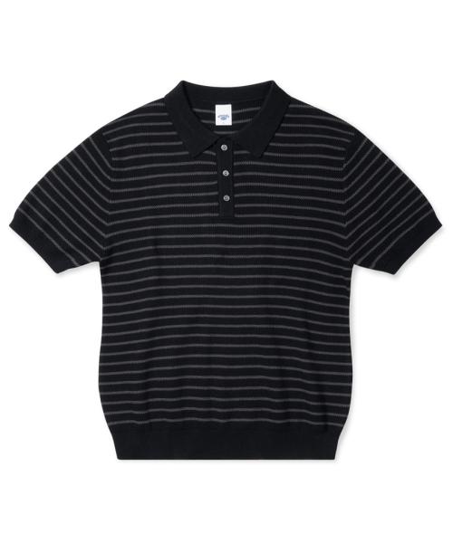 [M~4XL] 오버핏 코튼 카라 반팔 니트_스트라이프 블랙