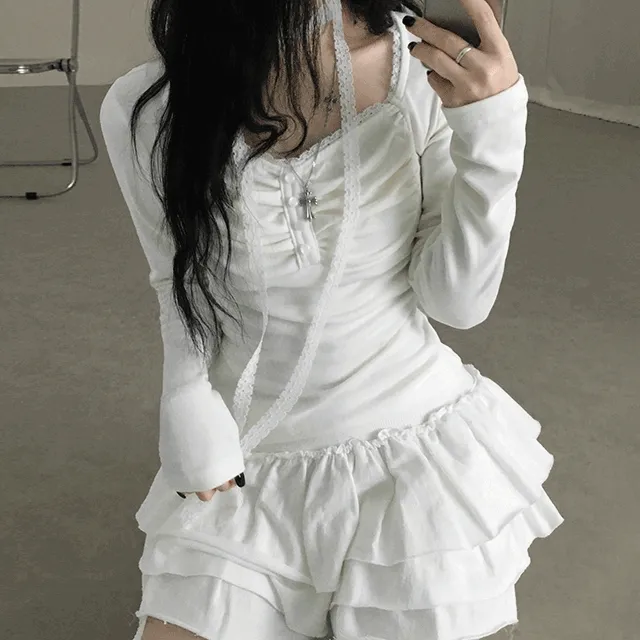 [도톰속기모/머플러세트🖤] 레이스 셔링 발레코어 단추 긴팔 티셔츠 3color