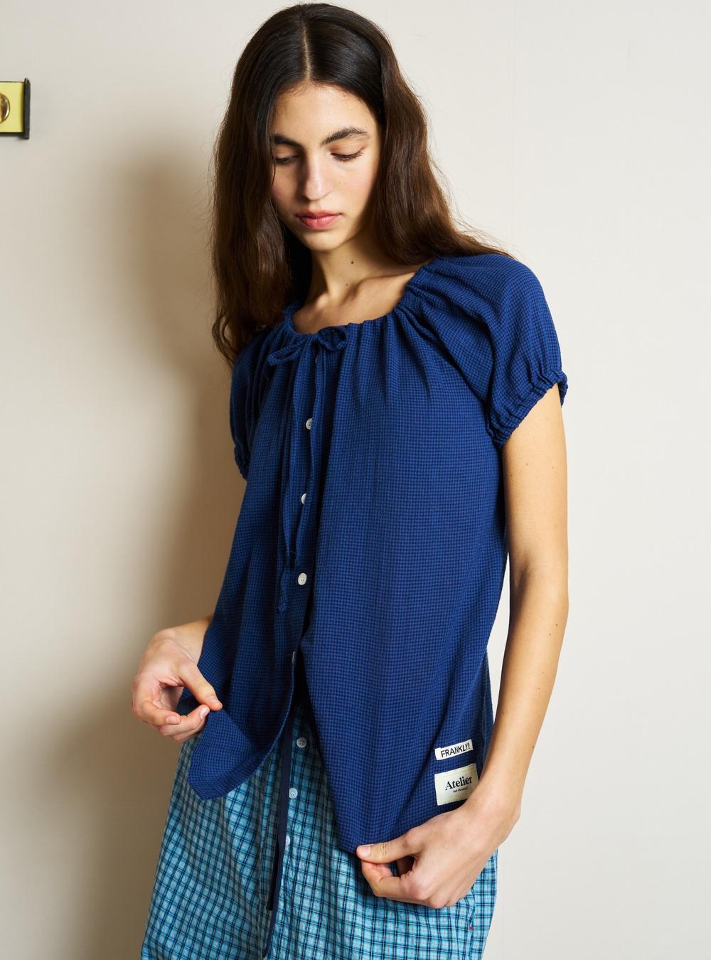 Puff Half-Sleeve String Blouse, Navy