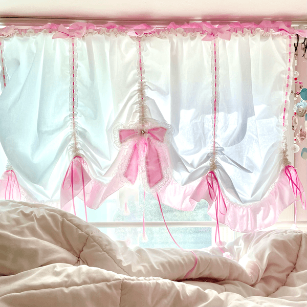 white-pink ribbon curtain