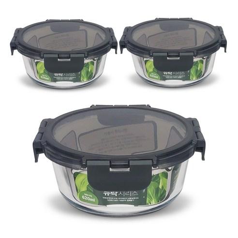 뉴락 내열오븐글라스 원형 밀폐용기 620ml, 용기 + 뚜껑, 3개 - 밀폐용기/세트 | 쿠팡