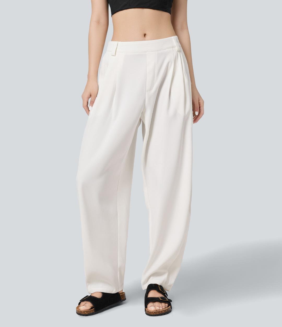 미드웨이스트 주름  사이드 포켓 배럴 레그 워크룩 팬츠