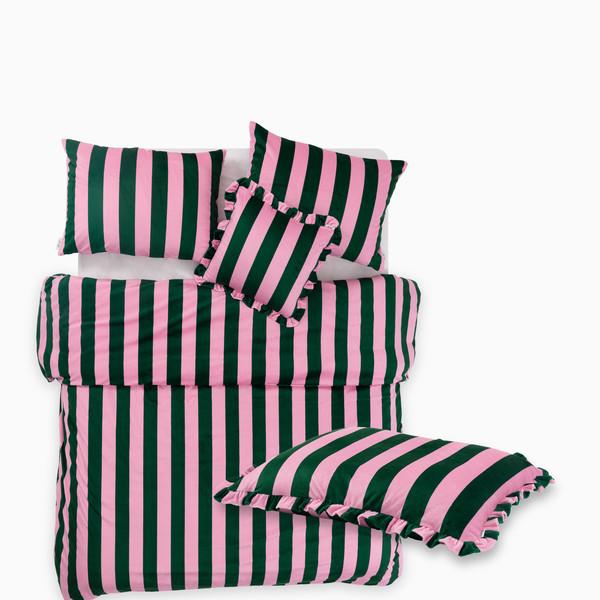 벨벳 터치 볼드 스트라이프 펫쿠션+베딩 세트 구성_Bubblegum&Pine