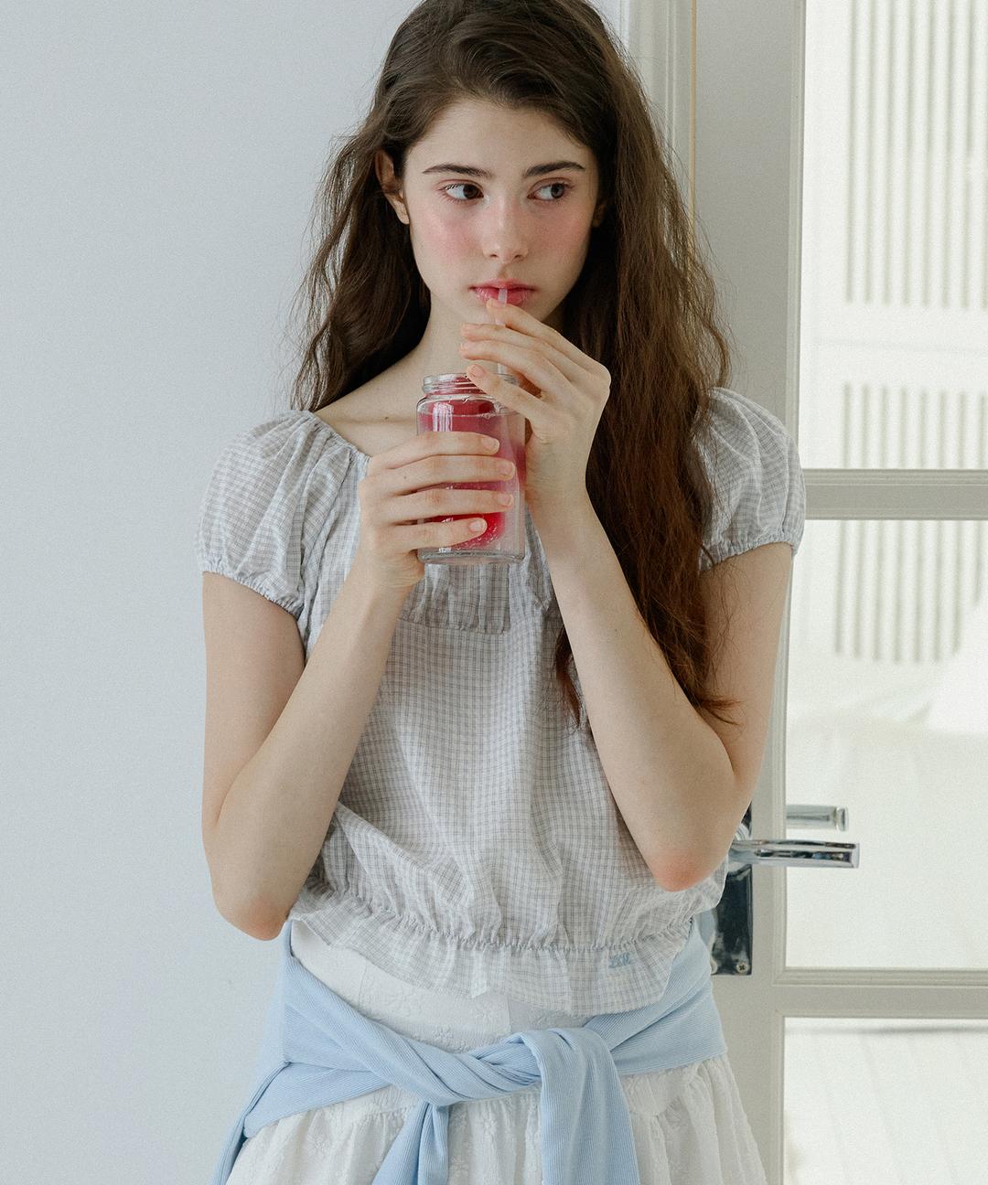 Monte Banding Frill Check Blouse (Sky Blue)