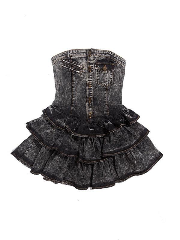 Tie-dye Old Denim Bare Top Dress - S / grey