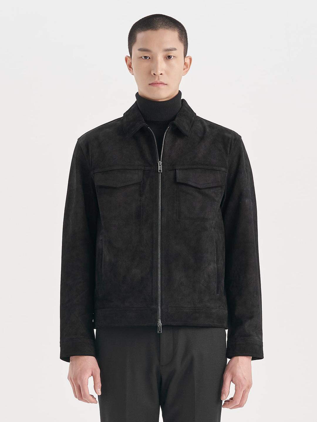 Men Cord Suede Damien Leather Jacket - Black