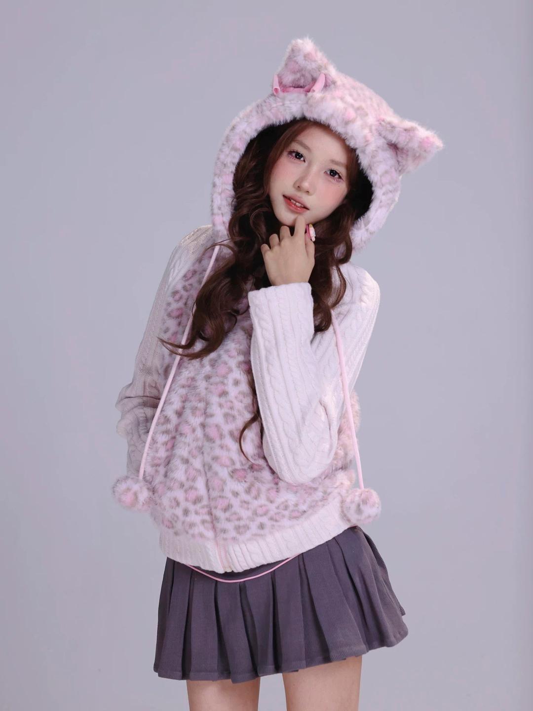 Evil Tooth Shibuya Kitty Pink Leopard Faux Fur Knit Hoodie - M / Pre-order