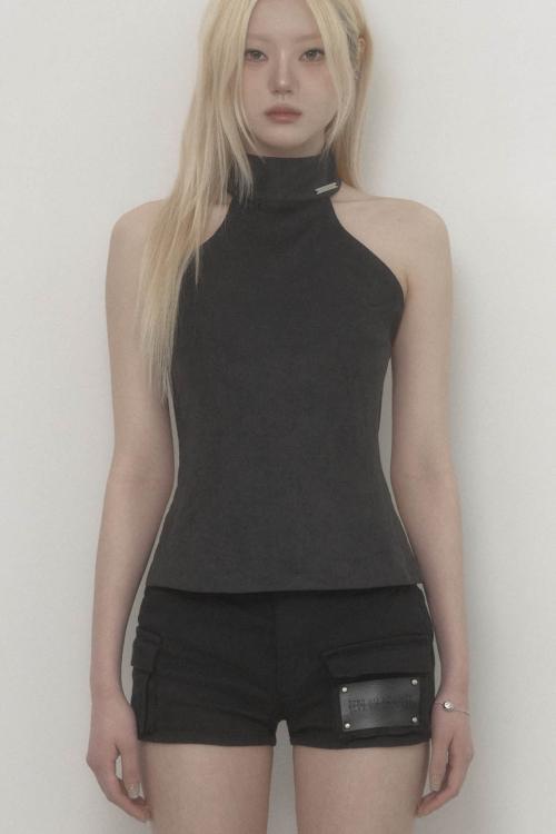 Back Big-belt Halter Top (Black)