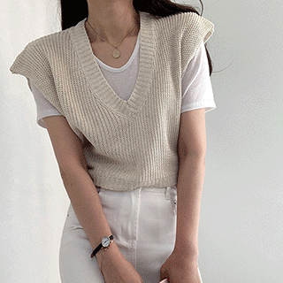 린넨 브이넥 크롭 조끼 베스트