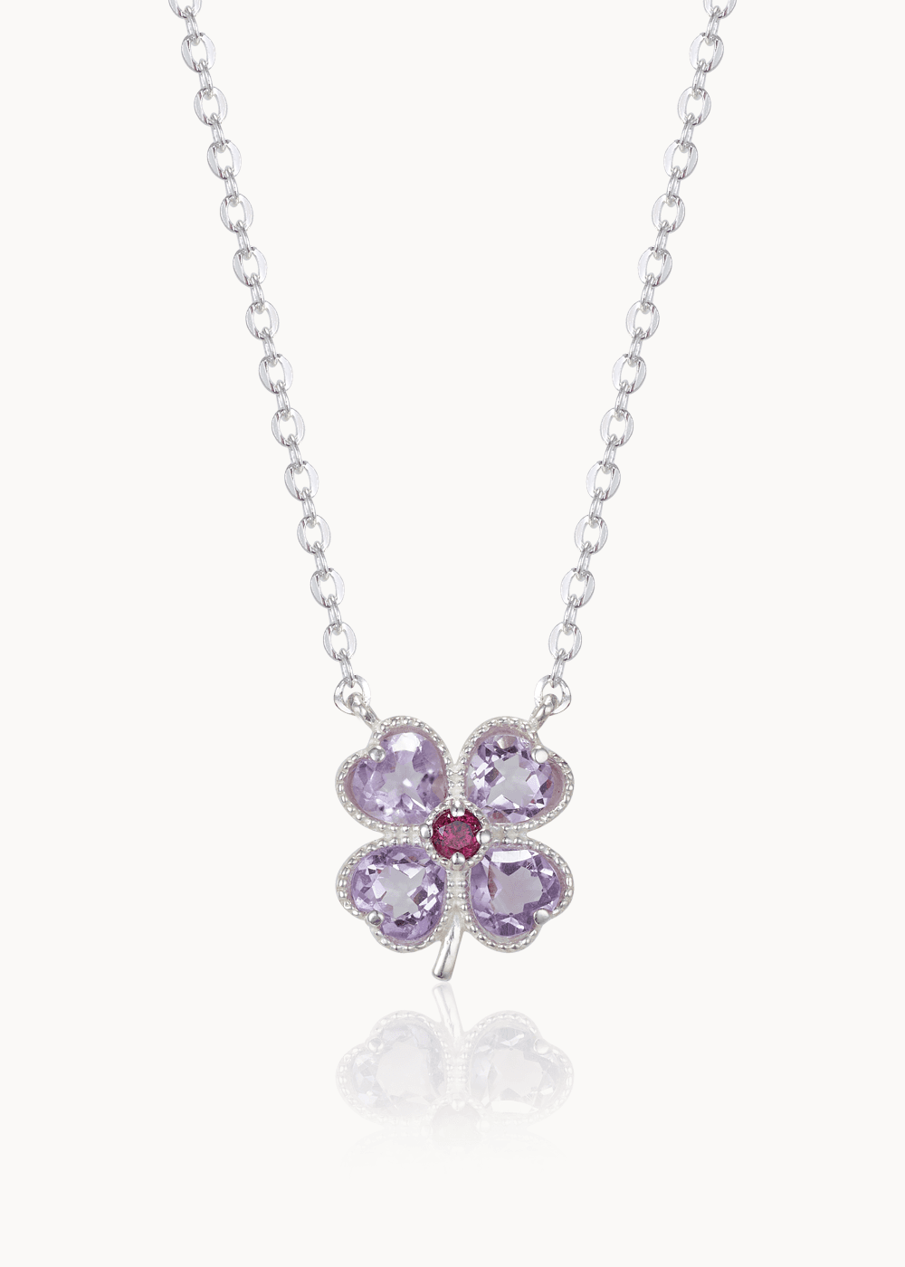 Lucky Heart Clover Necklace - Pink Amethyst & Rhodolite