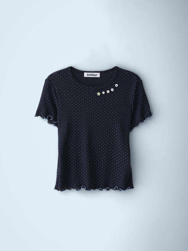 【Bad Blue】韓国人気★ Sheer Dot Buttons Baby Tee 배드블루 Sheer Dot Buttons Baby Tee Navy - 위시버킷