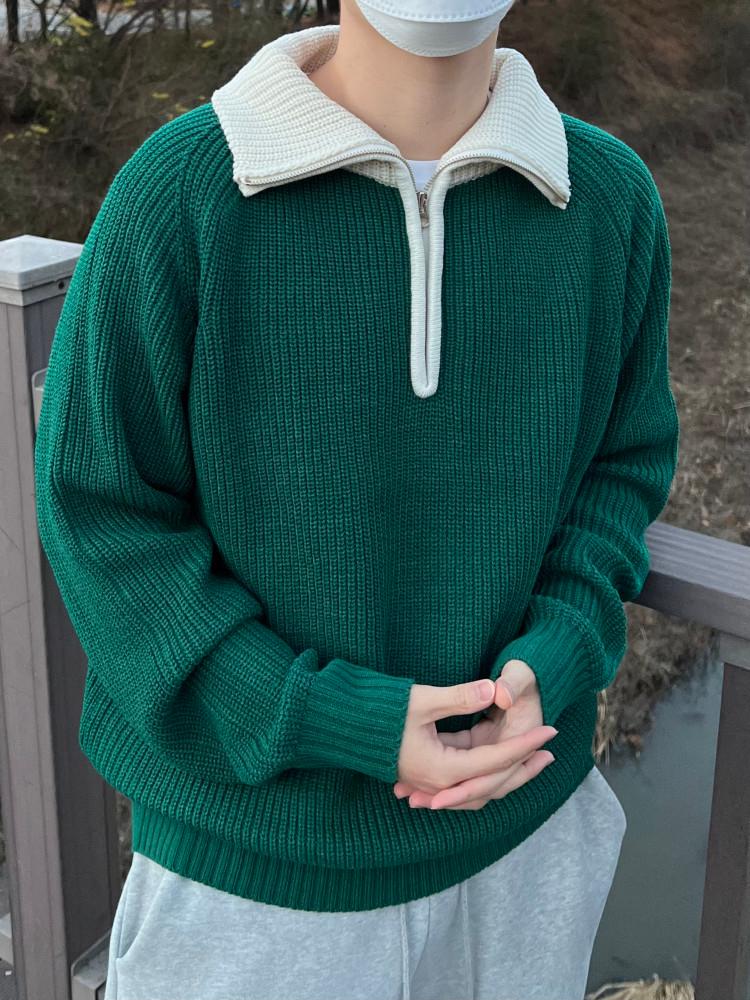 JR 투톤 반집업 니트 3color 남자 여자 오버핏 골지 왕골 하찌 니트 카라 반집업